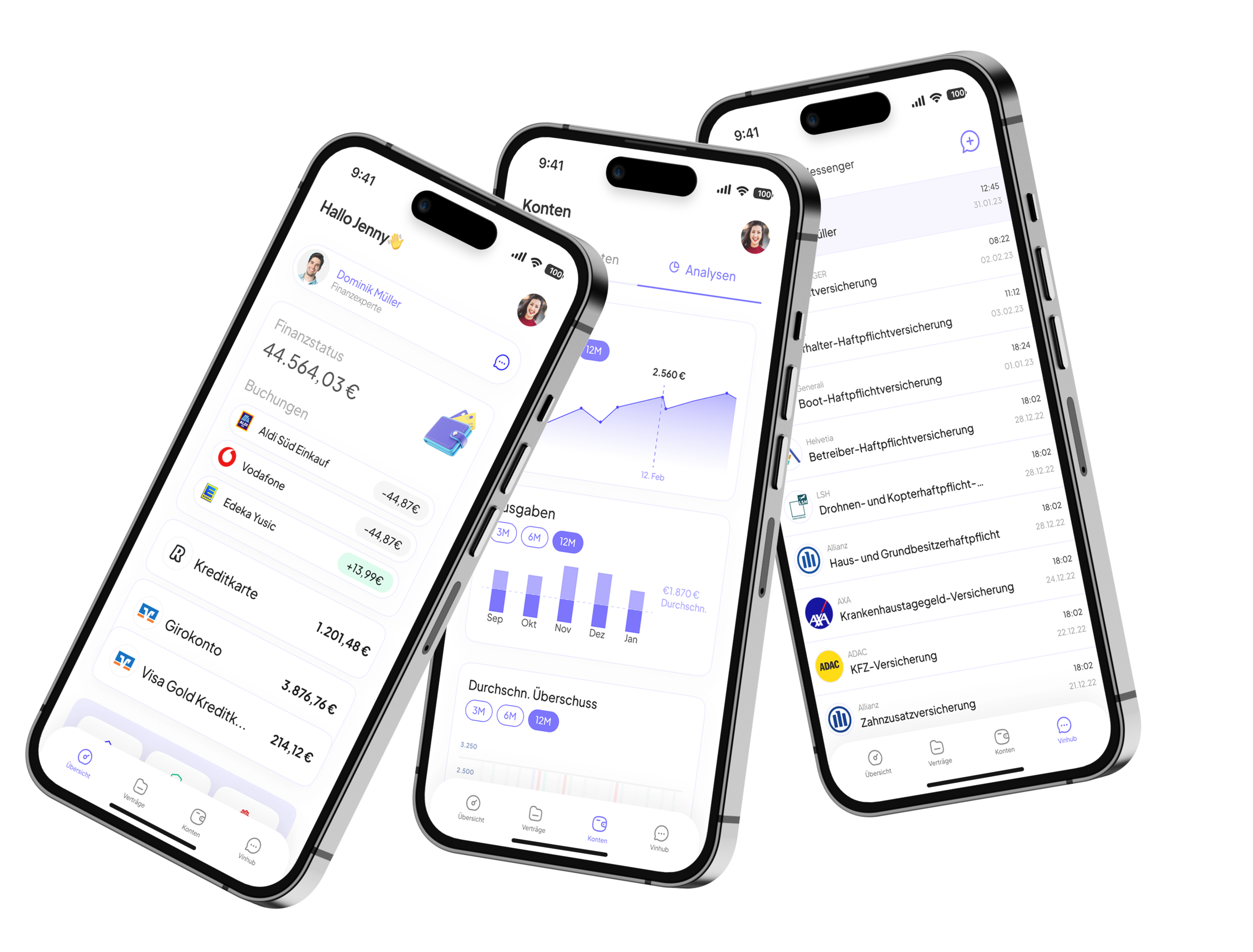 Beispielansichten der Vinlivt-App mit Konten, Finanzübersicht und Nachrichten